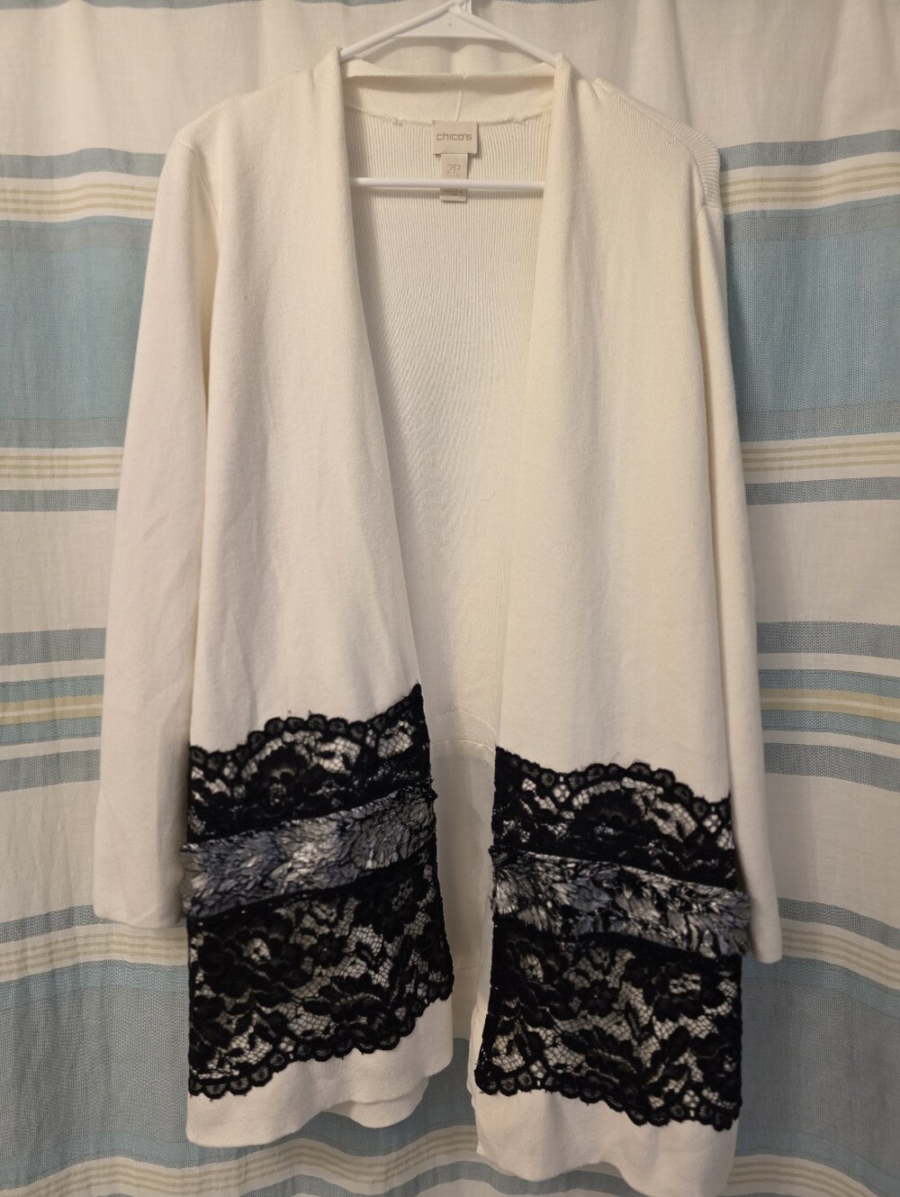 Chicos Cream & Black Lace Long Open Front Cardigan Size Large 2 PETITE